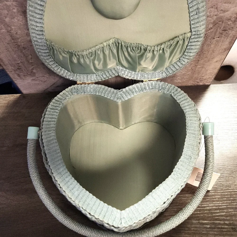 Vtg Heart Shaped 80s Sewing Basket Blue Wicker Handle Storage Box Cottagecore